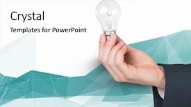  Presentation with composite - Colorful presentation design enhanced with abstract light blue polygonal background - digital composite of hand holding backdrop and a white colored foreground