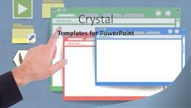  Presentation with desktop - Cool new presentation with digital composite of hand touching many website windows on paper cut out desktop backdrop and a light blue colored foreground