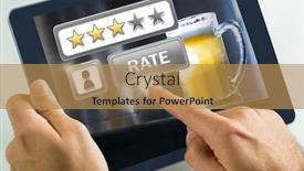  Presentation with review - Beautiful presentation theme featuring digital composite of hand touching tablet with rate button and review stars in bar backdrop and a gold colored foreground