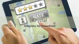  Presentation with review - Theme featuring digital composite of hand touching tablet with rate button and review stars with map locations background and a mint green colored foreground