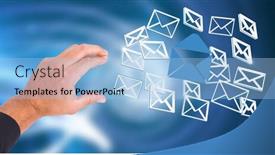  Presentation with email - Audience pleasing presentation theme consisting of digital composite of hand touching 3d email message icons backdrop and a light blue colored foreground