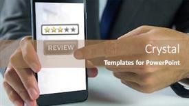  Presentation with review - Cool new presentation theme with digital composite of hand touching review button and star ratings review on phone backdrop and a coral colored foreground