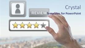  Presentation with review - Colorful PPT theme enhanced with digital composite of hand touching star ratings review buttons backdrop and a sky blue colored foreground