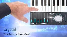  Presentation with music production - Theme with digital composite of hand touching keyboard and sound music and audio production engineering app interface background and a light blue colored foreground
