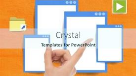  Presentation with desktop - Slide deck featuring digital composite of hand touching many window boxes on paper cut out desktop background and a sky blue colored foreground