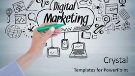  Presentation with digital pen - Colorful slides enhanced with digital composite of hand with pen and black digital marketing doodles against grey wood panel backdrop and a light gray colored foreground