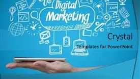  Presentation with doodles - PPT theme featuring digital composite of hand with phone and white digital marketing doodles against blue background background and a teal colored foreground