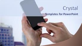  Presentation with buildings - Beautiful PPT theme featuring digital composite of hand with phone against blurry buildings backdrop and a sky blue colored foreground