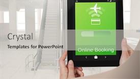  Presentation with online app - Amazing slide set having digital composite of hands holding a tablet and an online booking flight app interface backdrop and a light gray colored foreground