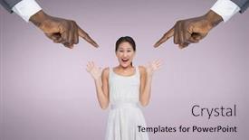  Presentation with pink business - Beautiful slide deck featuring digital composite of hands pointing at surprised business woman against pink background backdrop and a light gray colored foreground