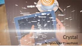  Presentation with using digital tablet - PPT theme consisting of digital composite of hands using background and a coral colored foreground