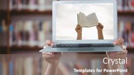  Presentation with digital book - Colorful PPT theme enhanced with digital composite of hands with laptop showing hands with book against blurry bookshelf backdrop and a gray colored foreground