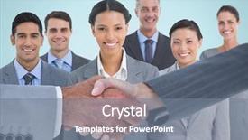  Presentation with blue handshake - Slide deck having digital composite of handshake in front of business people with blue background background and a gray colored foreground