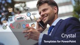  Presentation with job search - Beautiful presentation featuring digital composite of happy businessman using smart phone and digital tablet with various job search icons backdrop and a tawny brown colored foreground