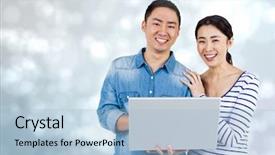  Presentation with shining - Colorful PPT theme enhanced with digital composite of happy couple using laptop against a shining grey background backdrop and a light blue colored foreground
