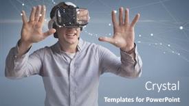  Presentation with blue stars - Colorful PPT layouts enhanced with digital composite of happy man in vr headset touching stars against blue background backdrop and a mint green colored foreground