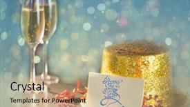  Presentation with new year card - Presentation theme enhanced with digital composite of happy new year card leaning on gold party hat background and a coral colored foreground