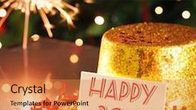  Presentation with new year card - PPT theme enhanced with digital composite of happy new year card leaning on gold party hat background and a gold colored foreground