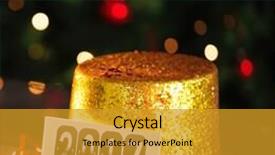  Presentation with new year card - Theme with digital composite of happy new year card leaning on gold party hat background and a gold colored foreground