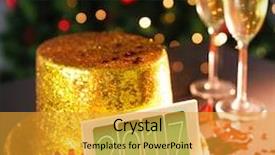  Presentation with new year card - Audience pleasing theme consisting of digital composite of happy new year card leaning on gold party hat backdrop and a gold colored foreground