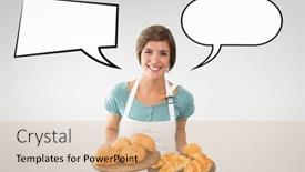  Presentation with pastries - PPT theme consisting of digital composite of happy small business owner woman with speech bubbles holding pastries against grey background background and a coral colored foreground