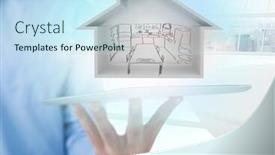  Presentation with blue lights - Cool new slides with digital composite of house with draw of kitchen in tablet with blue lights backdrop and a sky blue colored foreground