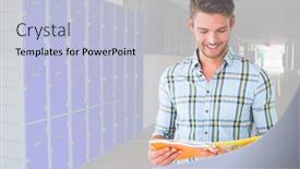  Presentation with digital book - Presentation featuring digital composite of male student holding book in front of lockers background and a light blue colored foreground