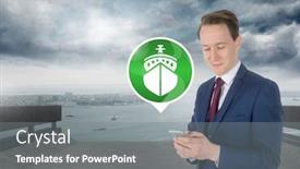  Presentation with man holding phone - Audience pleasing PPT layouts consisting of digital composite of man holding phone with ship icon by sea backdrop and a gray colored foreground
