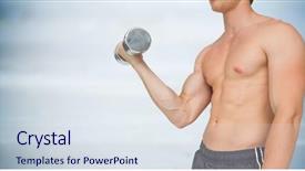  Presentation with wood panel - Beautiful slide set featuring digital composite of man mid section weightlifting against blurry blue wood panel backdrop and a sky blue colored foreground