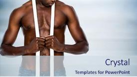  Presentation with wood panel - Beautiful slide deck featuring digital composite of man mid section with rope against blurry blue wood panel backdrop and a sky blue colored foreground