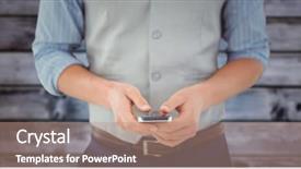  Presentation with wood panel - Amazing slide deck having digital composite of man mid section with phone against blurry blue wood panel backdrop and a coral colored foreground