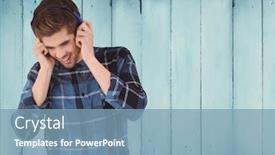  Presentation with wood panel - Amazing PPT theme having digital composite of man with headphones against wood panel backdrop and a teal colored foreground