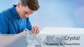  Presentation with digital electronics - Audience pleasing PPT layouts consisting of digital composite of man with electronics against blue blurry background backdrop and a light blue colored foreground