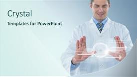  Presentation with lab coat - Beautiful theme featuring digital composite of man in lab coat with white interface and flare between hands against blue background backdrop and a sky blue colored foreground