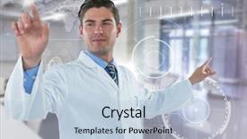  Presentation with lab coat - Slide deck enhanced with digital composite of man in lab coat pointing with flare against white interface and blurry lab background and a light blue colored foreground