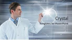  Presentation with lab coat - Slide set with digital composite of man in lab coat with glass device against flare and motion blur background and a light blue colored foreground