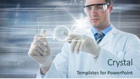  Presentation with lab coat - Theme featuring digital composite of man in lab coat and goggles with glass device and white interface against motion blur background and a light blue colored foreground
