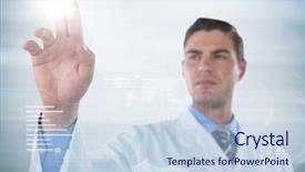 Presentation with lab coat - Presentation design featuring digital composite of man in lab coat touching flare with white interface against blurry grey background background and a sky blue colored foreground