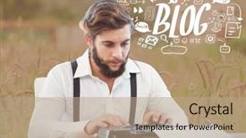  Presentation with blog - Presentation featuring digital composite of man on typewriter with blog text with drawings graphics background and a coral colored foreground