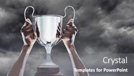  Presentation with trophy - Slide deck with digital composite of man with a trophy on hands background and a gray colored foreground