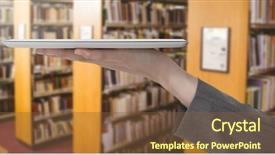  Presentation with digital library - PPT theme enhanced with digital composite of mans hand holding tabet in library background and a tawny brown colored foreground