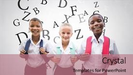  Presentation with kids wheelchair at school - Slide set with digital composite of many letters background and a coral colored foreground