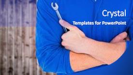  Presentation with mechanic - Slide deck consisting of digital composite of mechanic arms folded with wrench against blurry wood wall background and a cobalt blue colored foreground