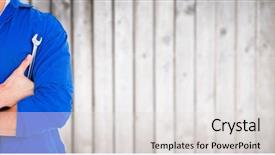  Presentation with wood panel - Beautiful theme featuring digital composite of mechanic with arms folded and wrench against blurry wood panel backdrop and a light gray colored foreground