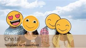  Presentation with composite - Colorful presentation enhanced with digital composite of men and women with mobile phones and emojis over face backdrop and a coral colored foreground