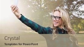  Presentation with millennial - PPT layouts with digital composite of millennial woman taking selfie in blurry park with flare background and a coral colored foreground