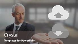  Presentation with download - Cool new PPT layouts with digital composite of old businessman with open palm hands holding upload download cloud icons backdrop and a gray colored foreground