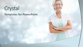  Presentation with shining - Slide set featuring digital composite of old woman at camera against shining grey background background and a sky blue colored foreground