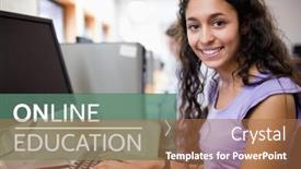  Presentation with education - PPT theme with digital composite of online education text and woman using a computer background and a coral colored foreground