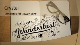  Presentation with digital book - Amazing PPT theme having digital composite of open book with glasses and black design doodles on sand backdrop and a coral colored foreground